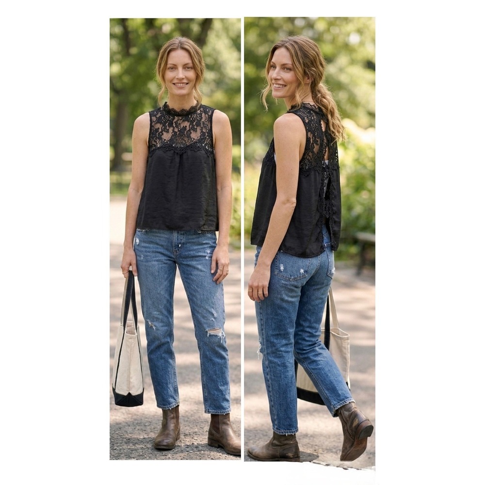Free People Black Lace Mock Neck Sleeveless Top Eyelash Trim Small
